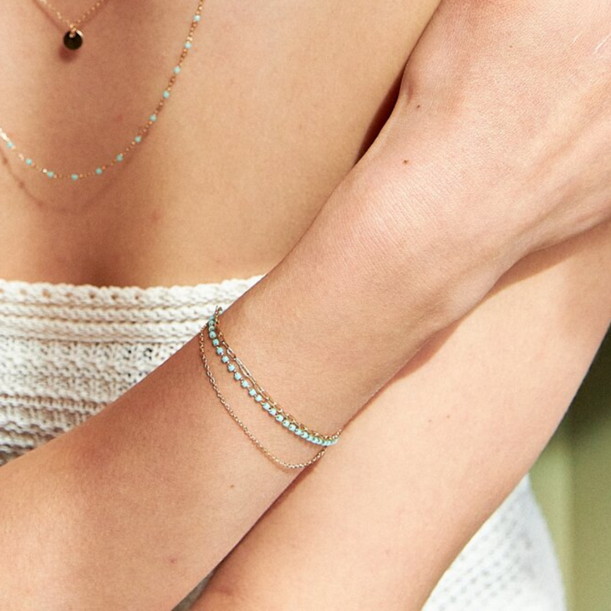 Bracelet trio Mahos plaqué or vert d'eau