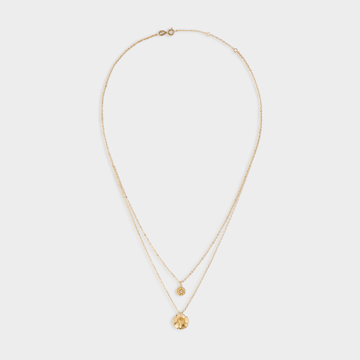 Collier double Anémone et Pâquerette sur chaîne plaqué or