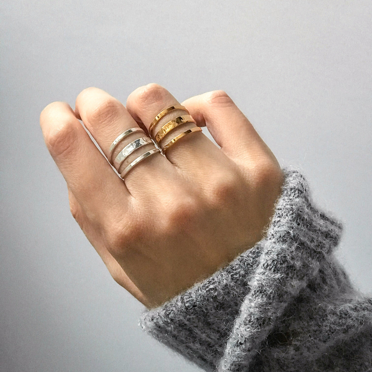 Bague 3 rangs lisses et martelé argent massif