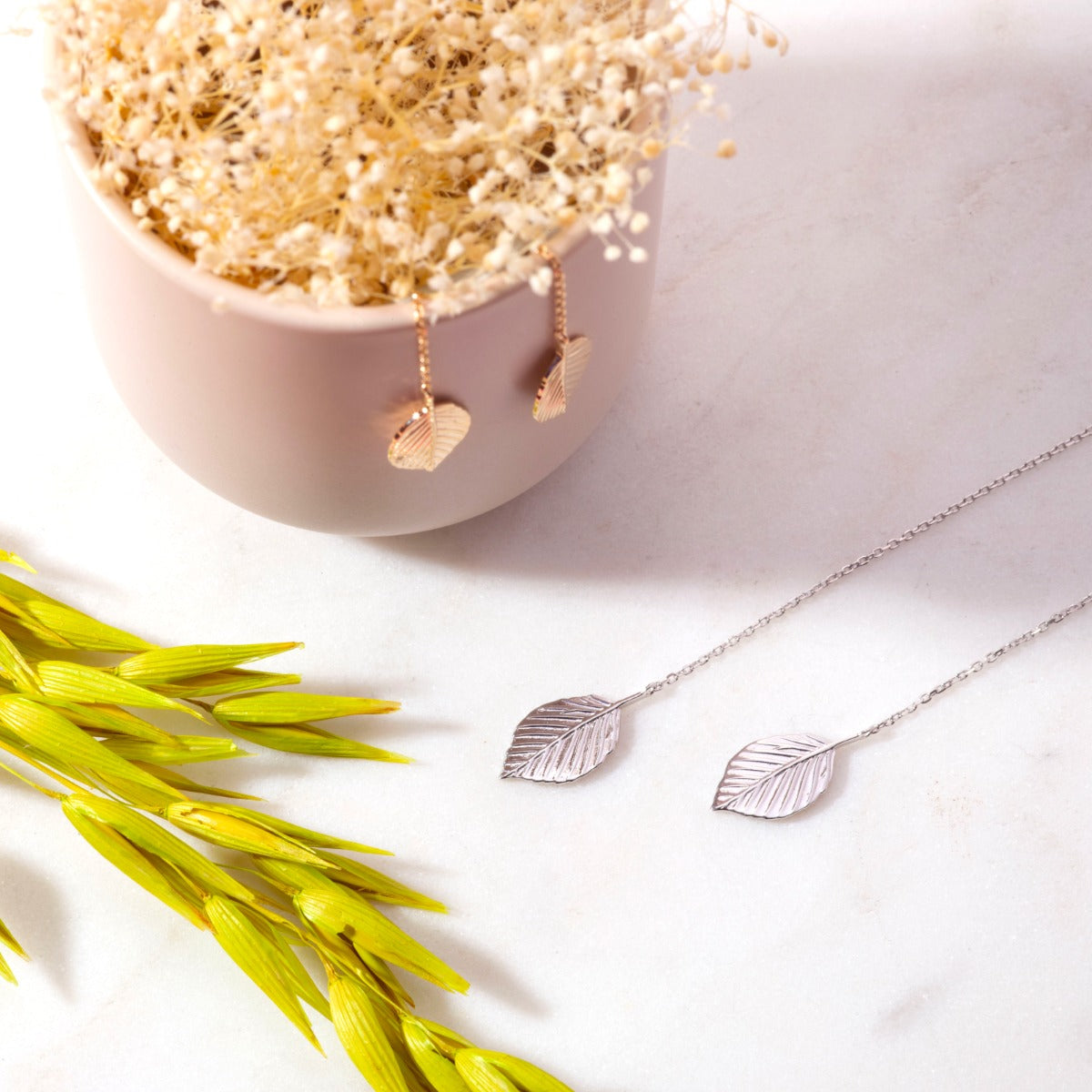 Boucles d'oreilles Feuille sur chaîne Argent massif