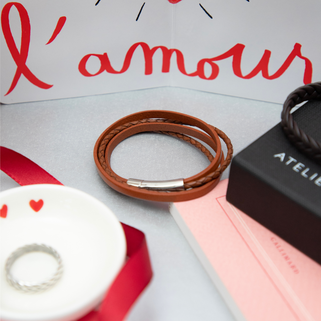 Bracelet Le Tressé en cuir véritable camel pour homme