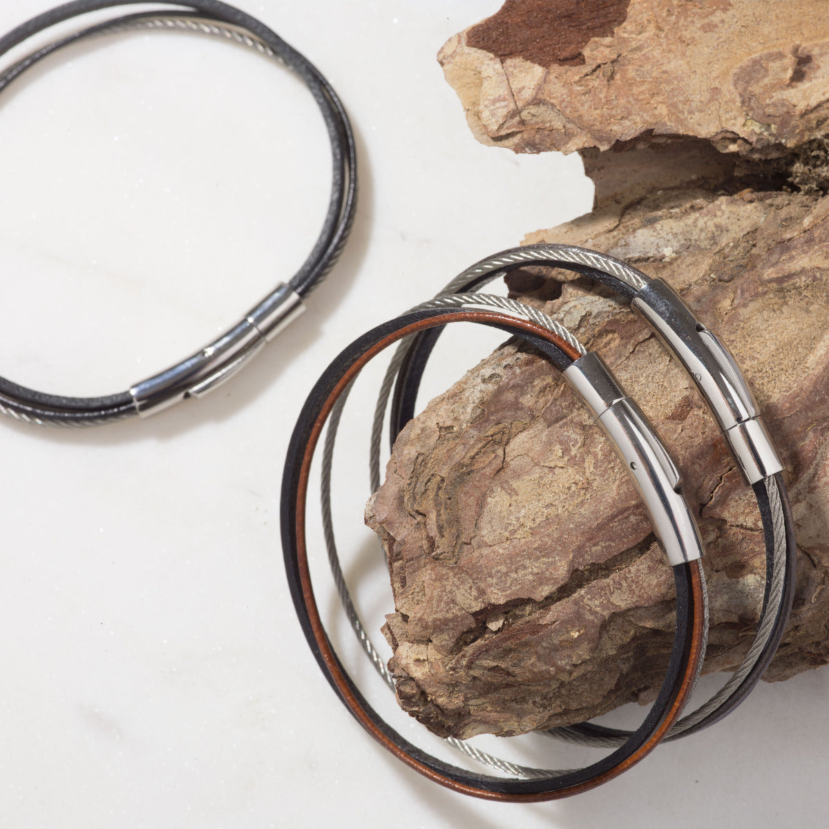 Bracelet homme trio câble et cuir chocolat, noir