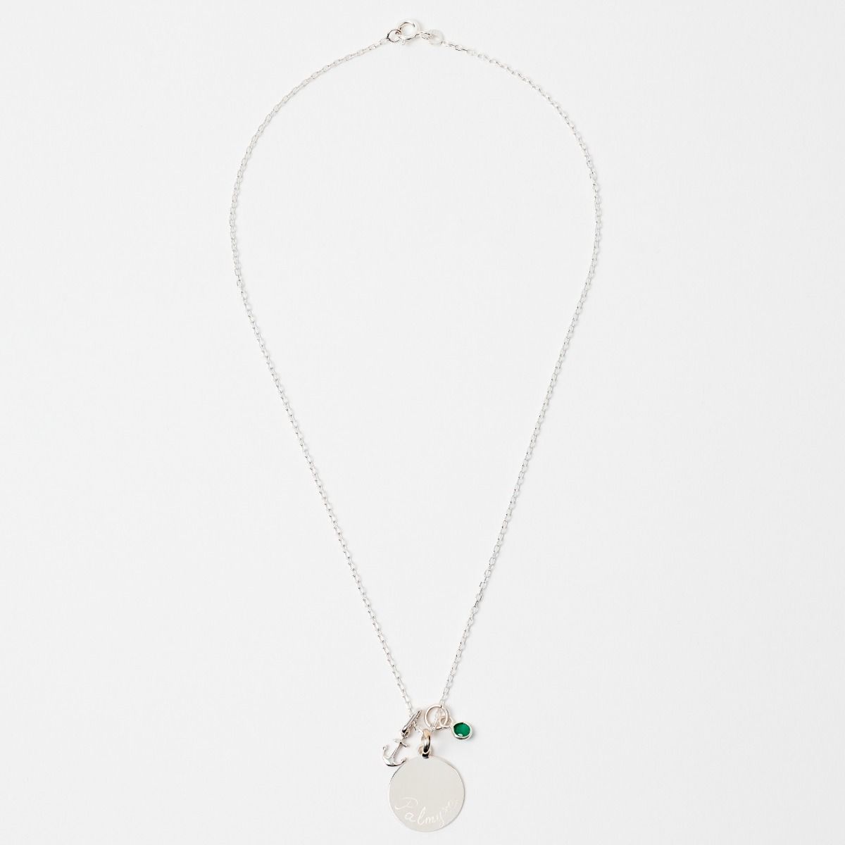 Collier mini ancre, pierre et petite médaille sur chaîne argent