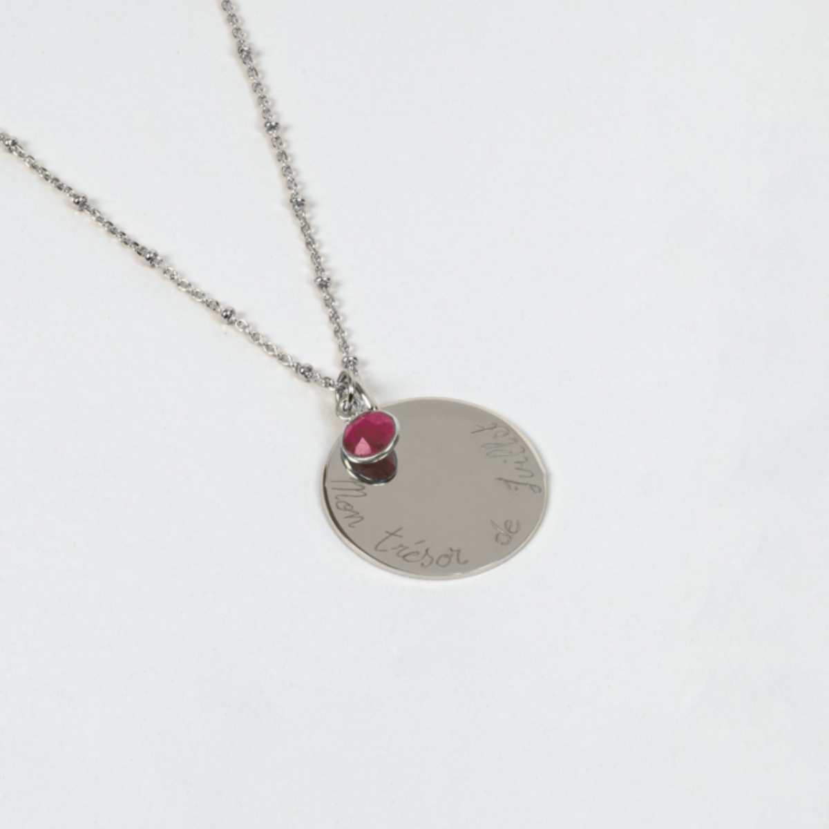 Collier grande médaille et pierre de naissance sur chaîne perlée argent