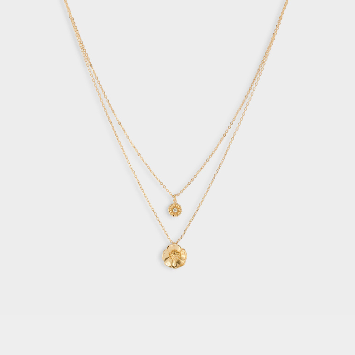 Collier double Anémone et Pâquerette sur chaîne plaqué or