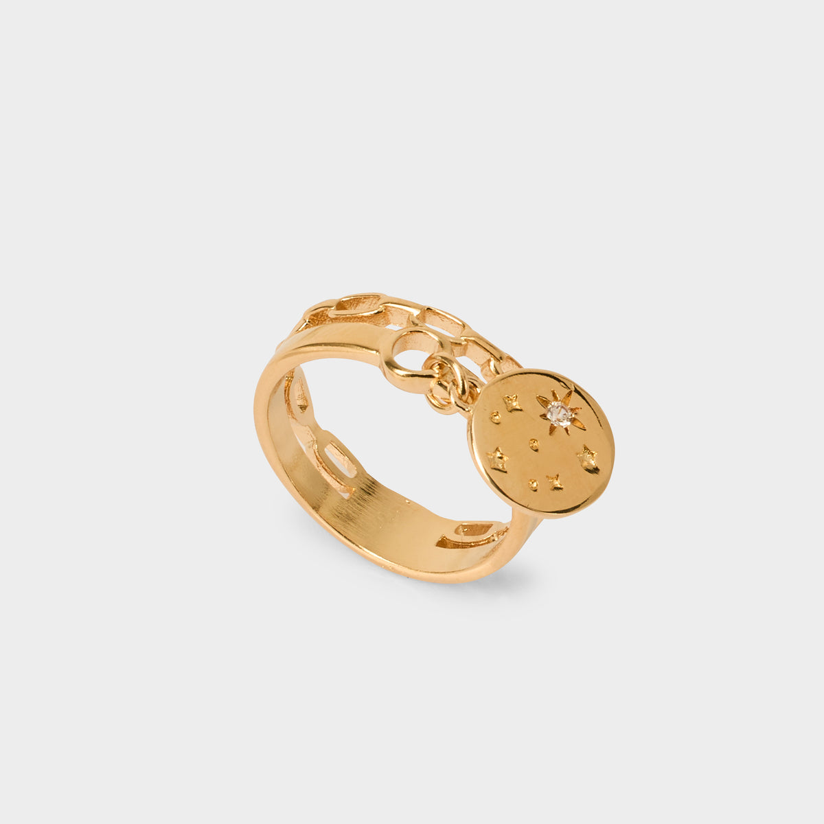 Bague double maille breloque astres plaqué or