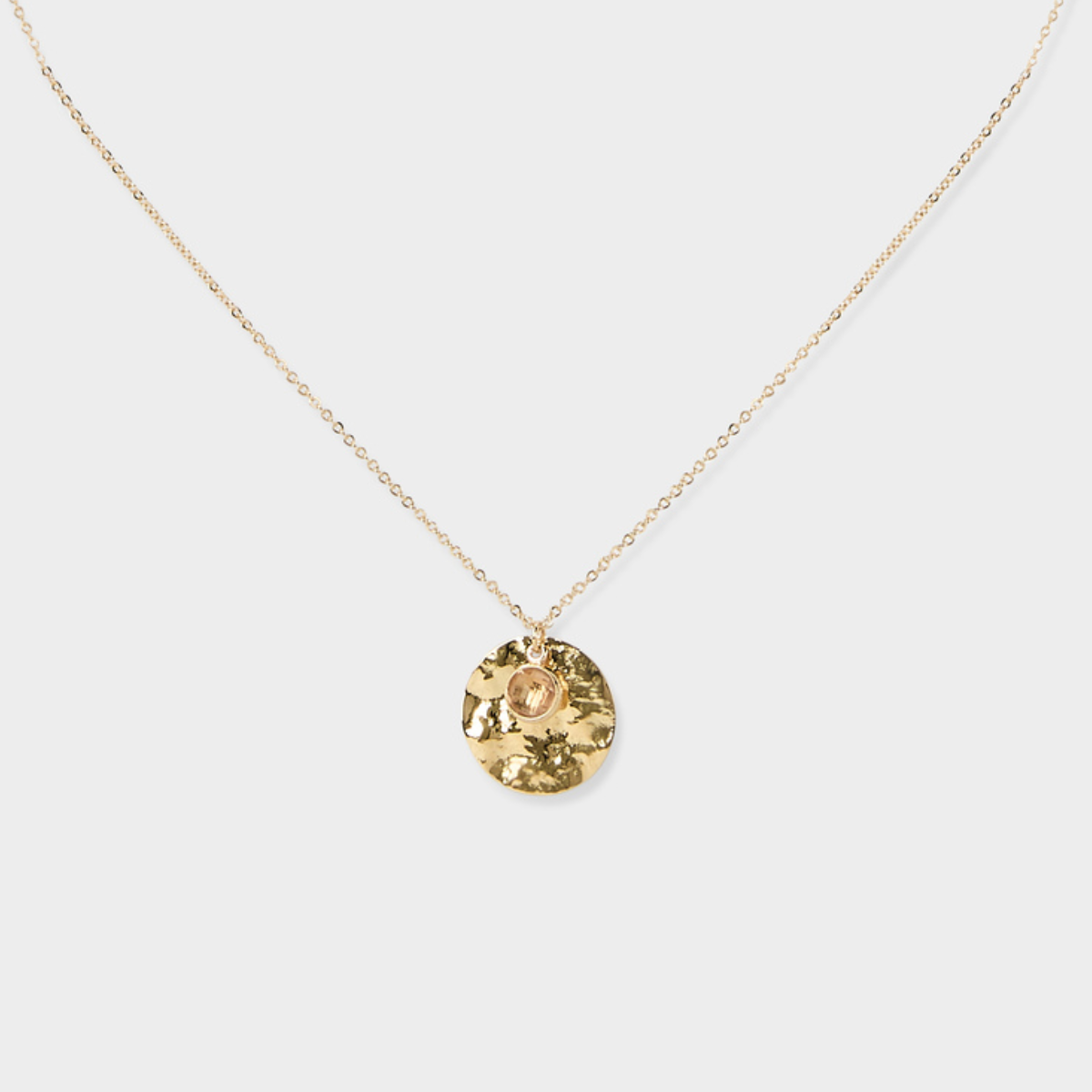 Collier grande breloque et pierre rose sur chaîne plaqué or