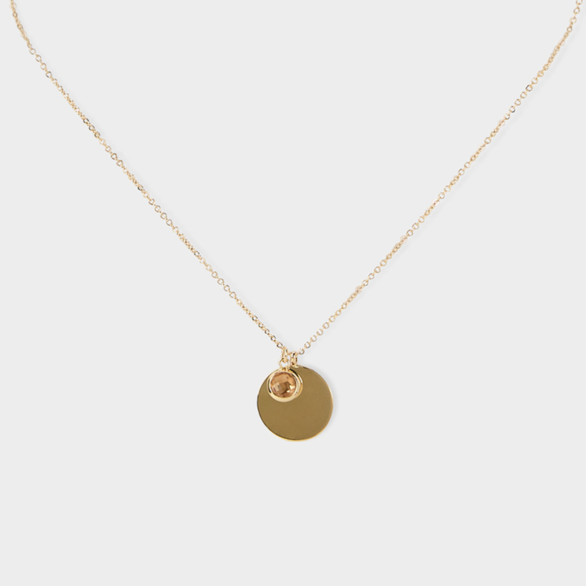 Collier breloque et pierre rose sur chaîne plaqué or