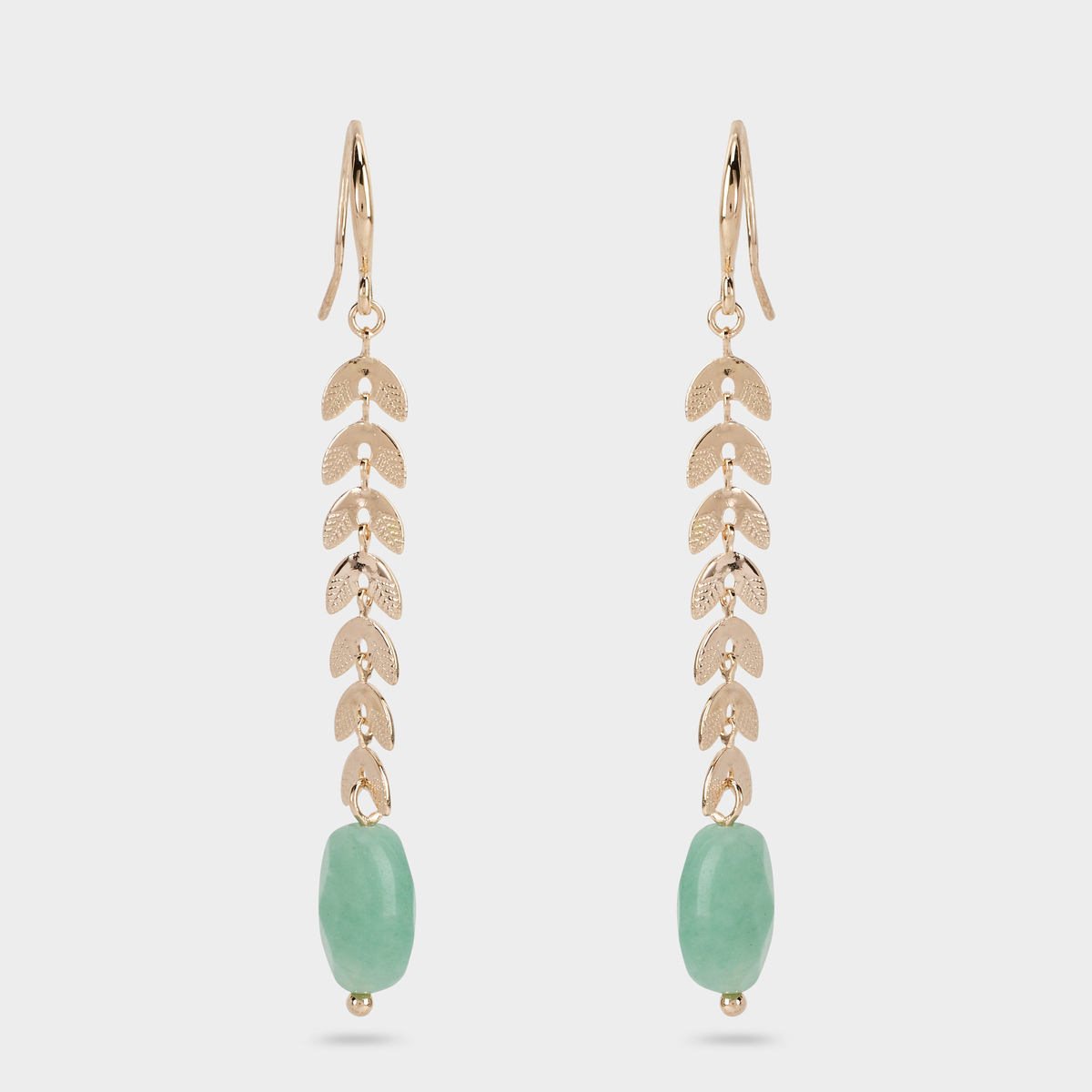 Boucles d'oreilles pendantes épis et pierre vert plaqué or