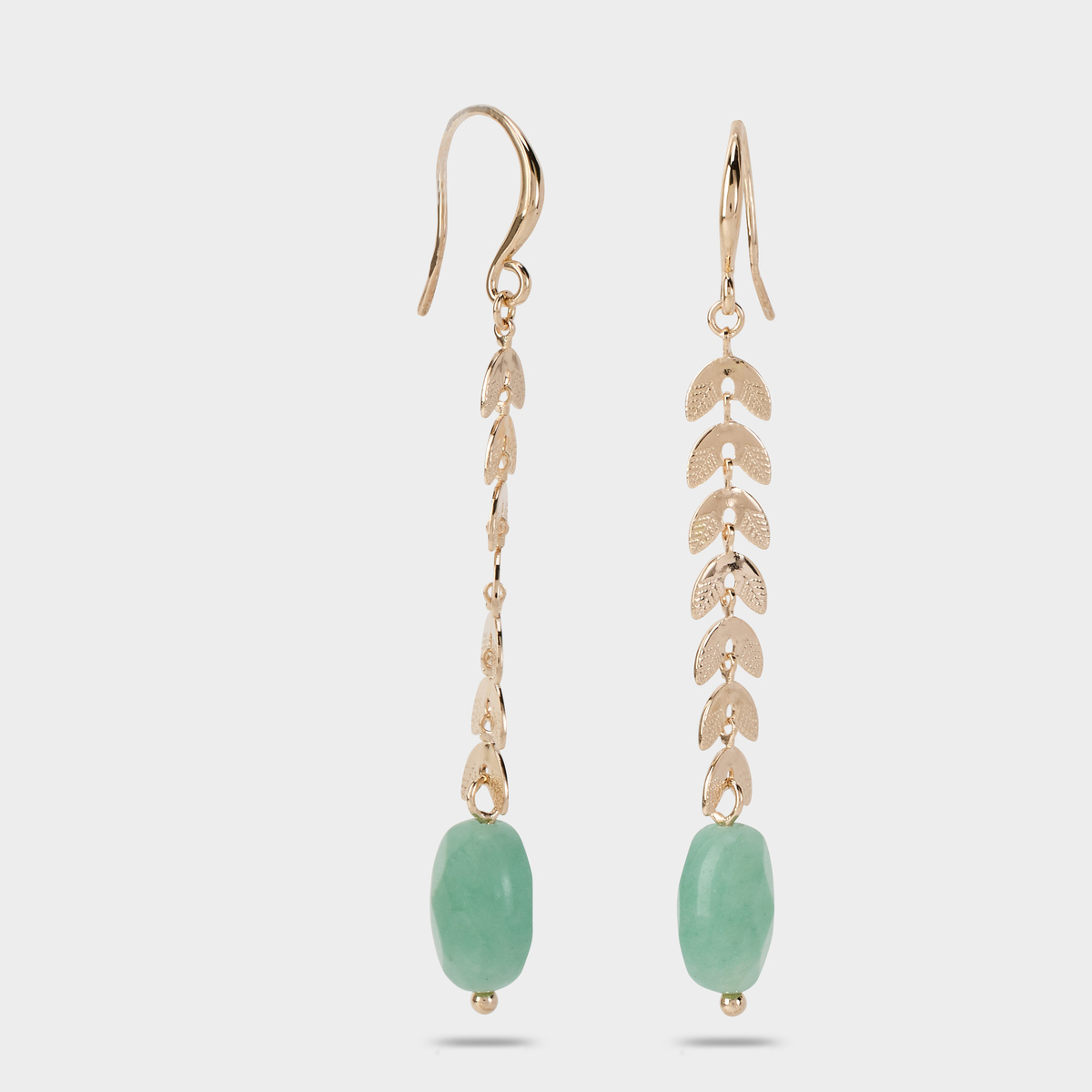 Boucles d'oreilles pendantes épis et pierre vert plaqué or