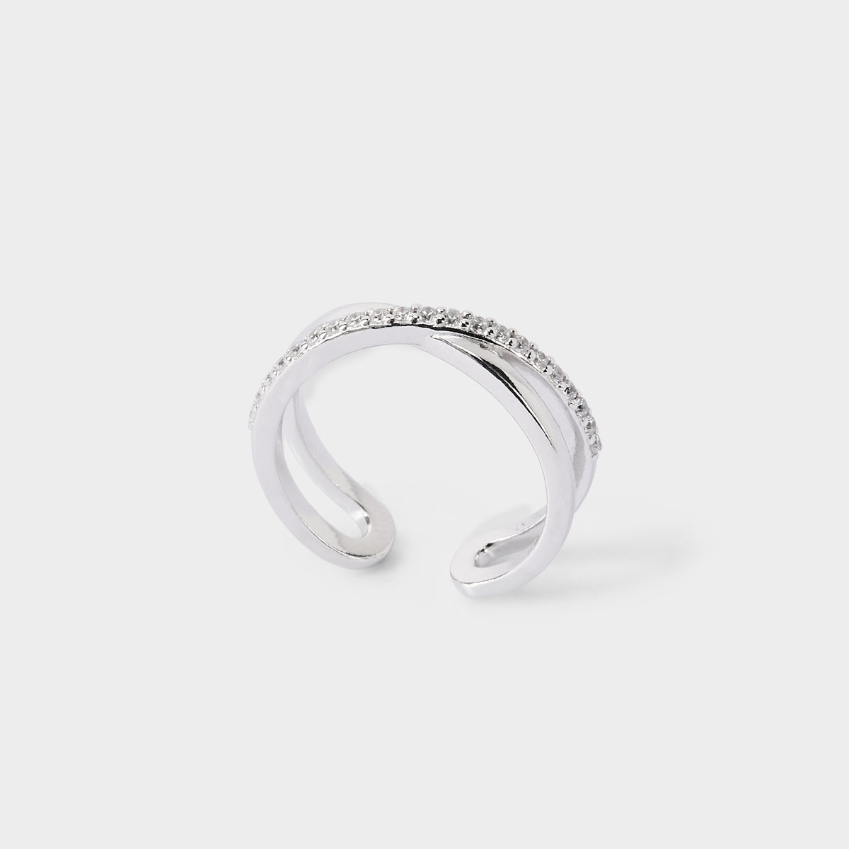 Bague croisée lisse et pavée ajustable argent