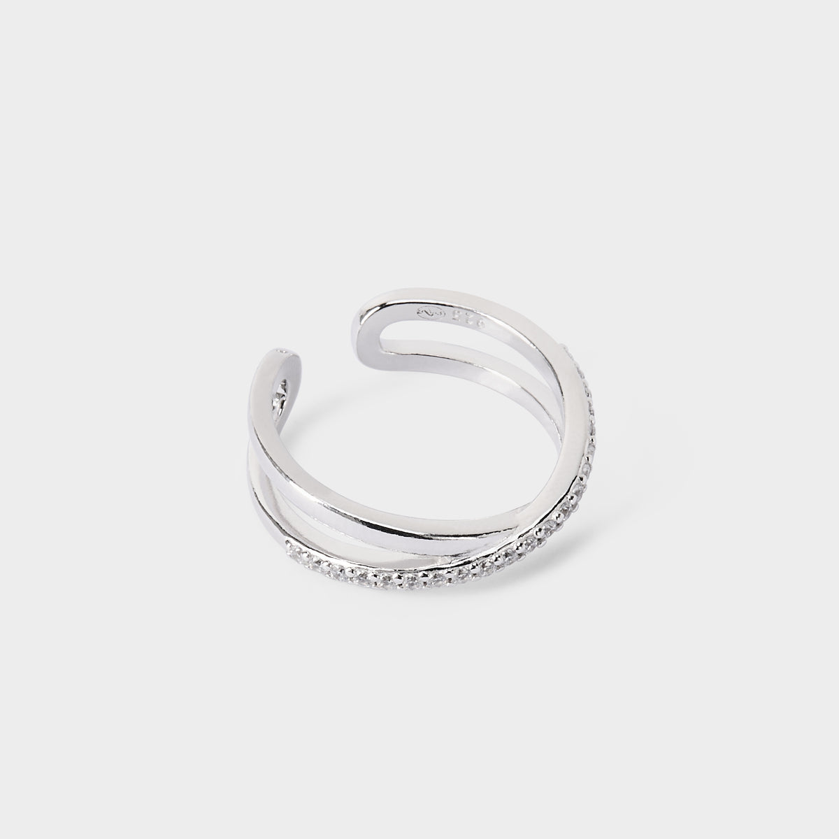 Bague croisée lisse et pavée ajustable argent