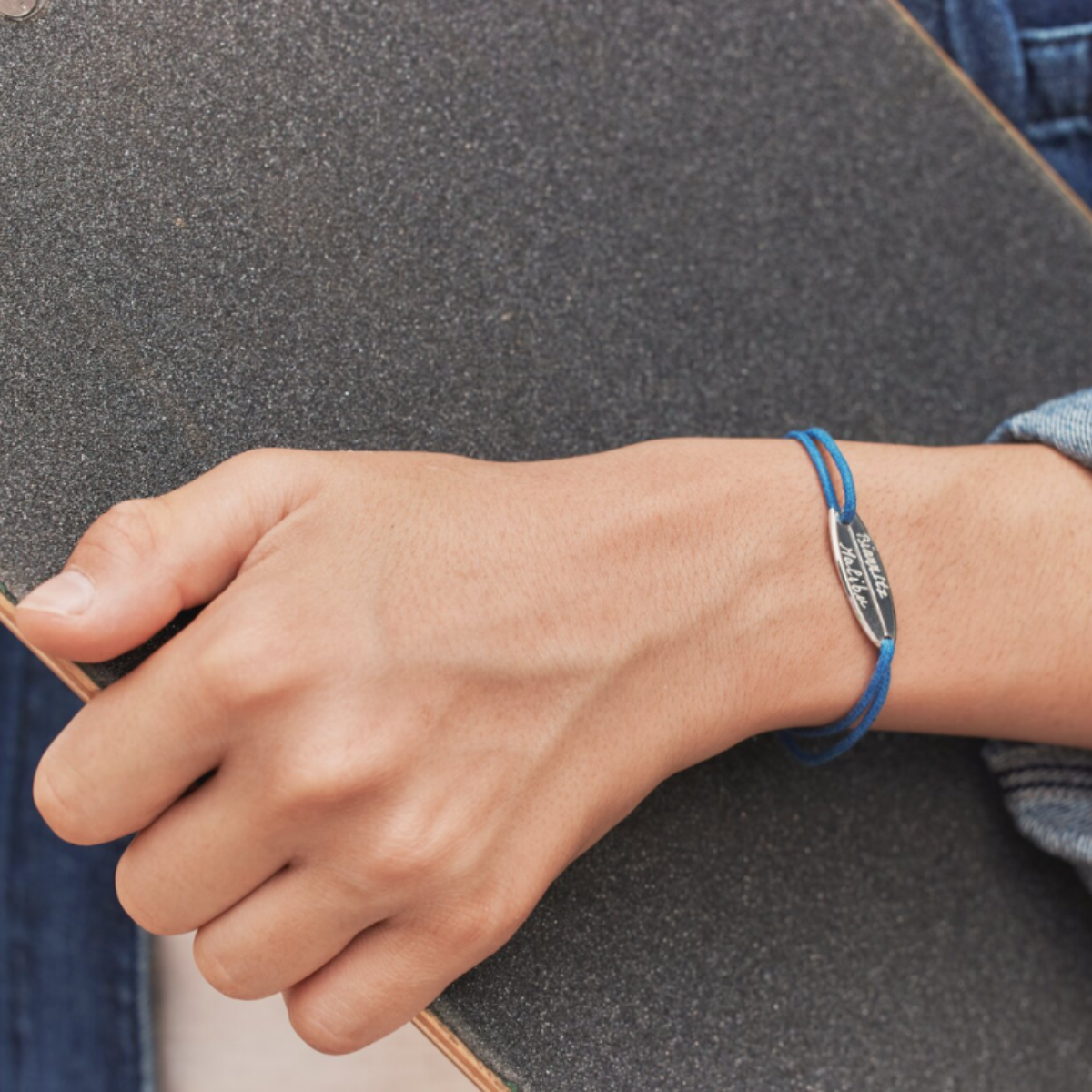 Bracelet planche de surf argent sur coton ciré