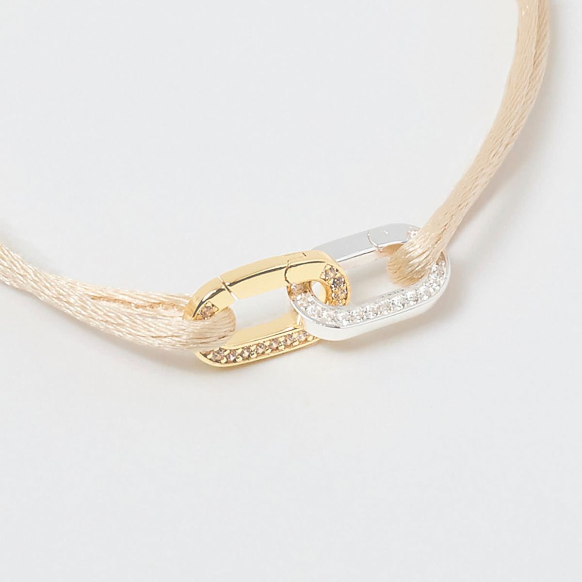 Bracelet duo Smile ovale plaqué or, argent et zircons sur lien satin