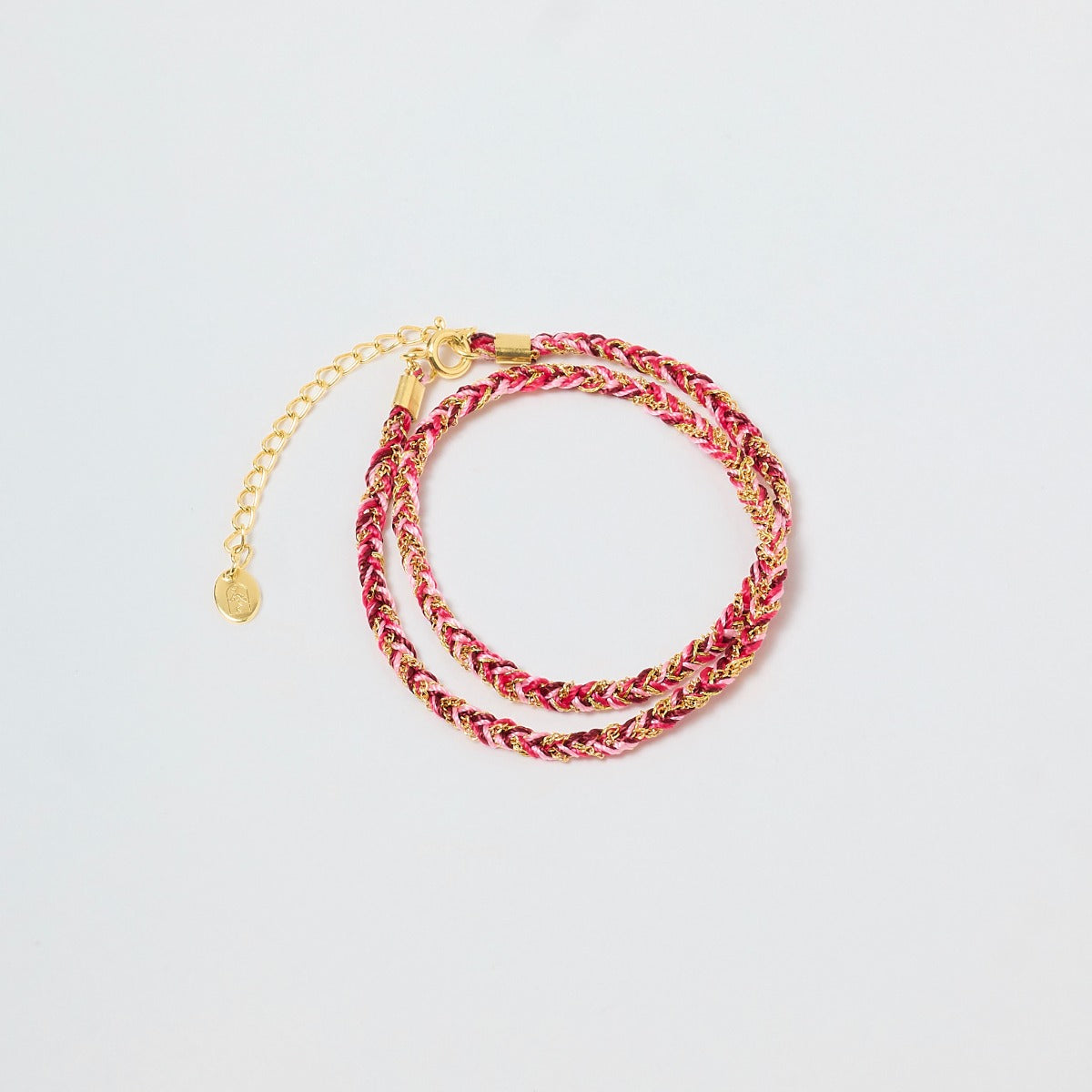 Bracelet chaîne tressée rouge trio de fils double tour plaqué or
