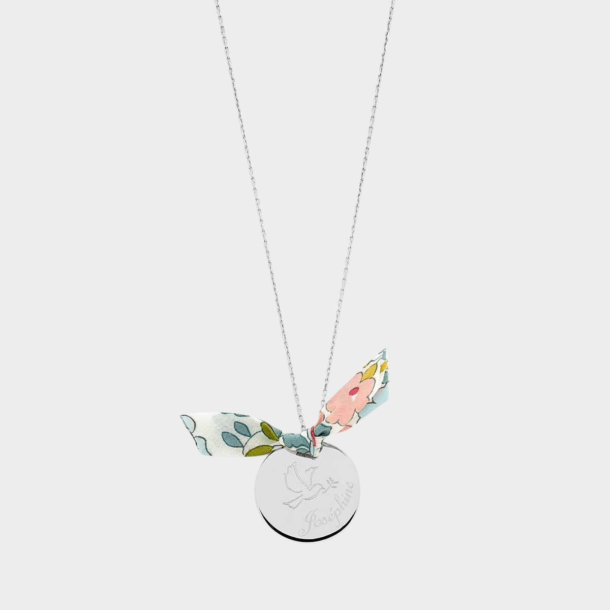 Collier grande médaille colombe et prénom sur chaîne argent