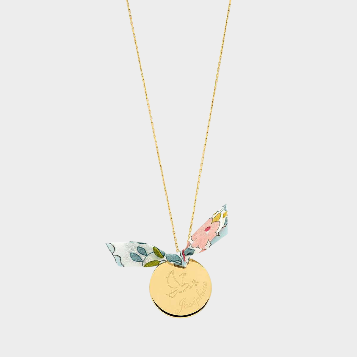 Collier grande médaille colombe et prénom sur chaîne plaqué or