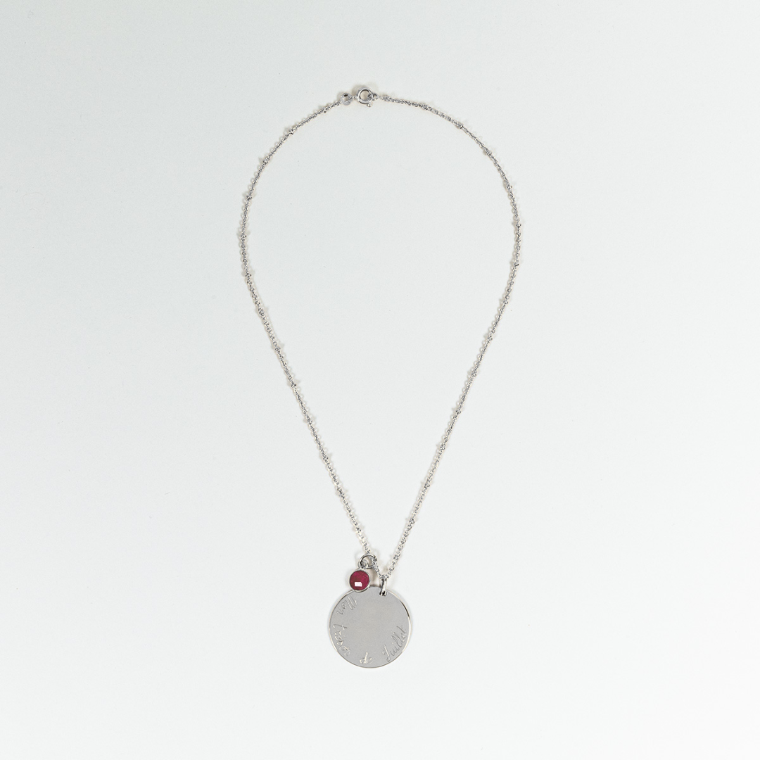 Collier grande médaille et pierre de naissance sur chaîne perlée argent