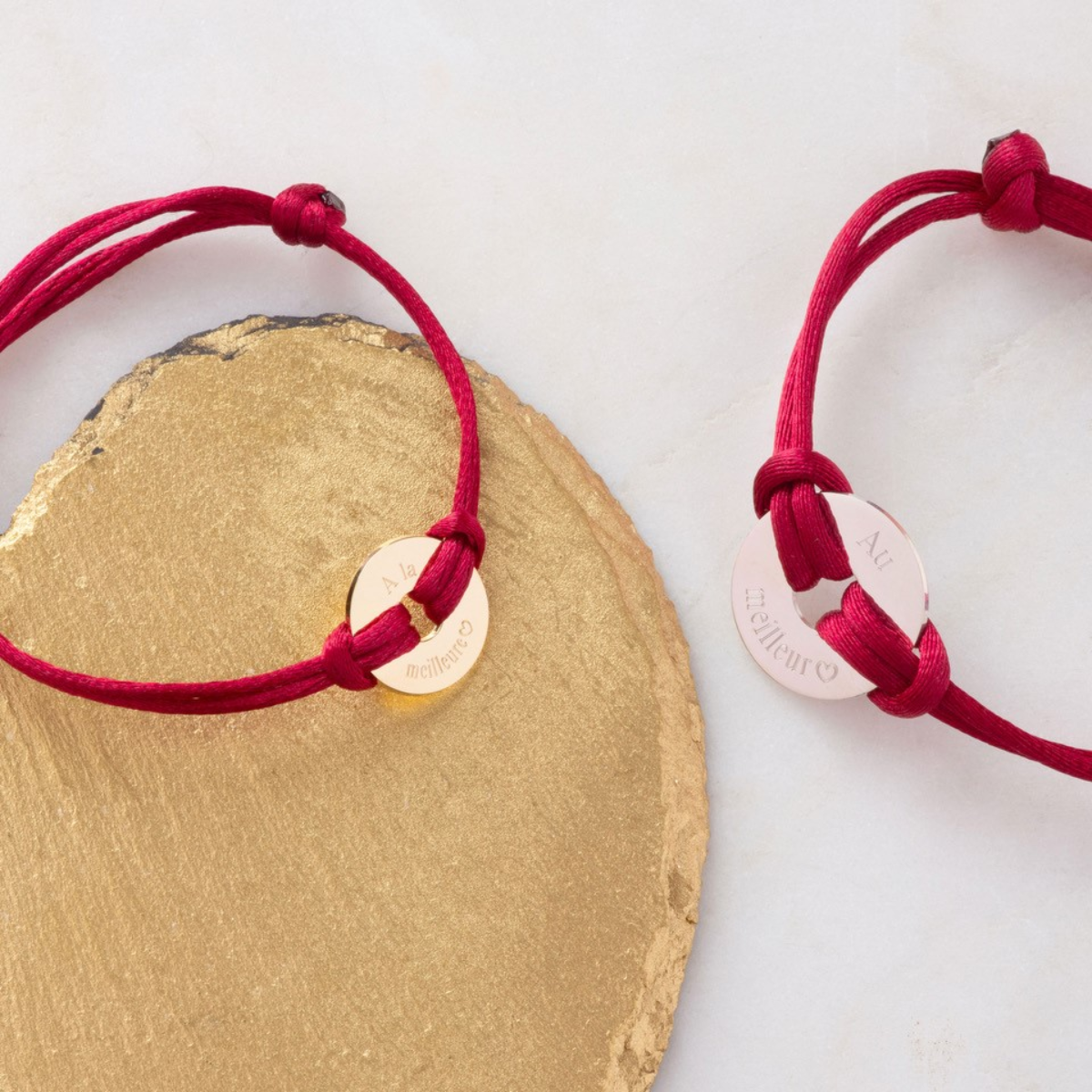 Duo de bracelets petite et mini cible plaqué or sur lien satin
