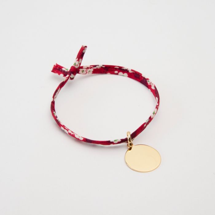 Bracelet petite médaille plate plaqué or sur cordon liberty