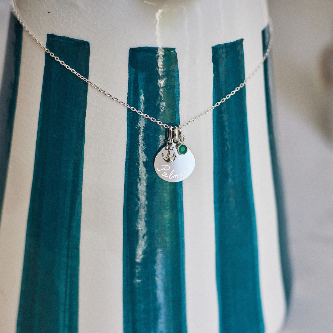 Collier mini ancre, pierre et petite médaille sur chaîne argent