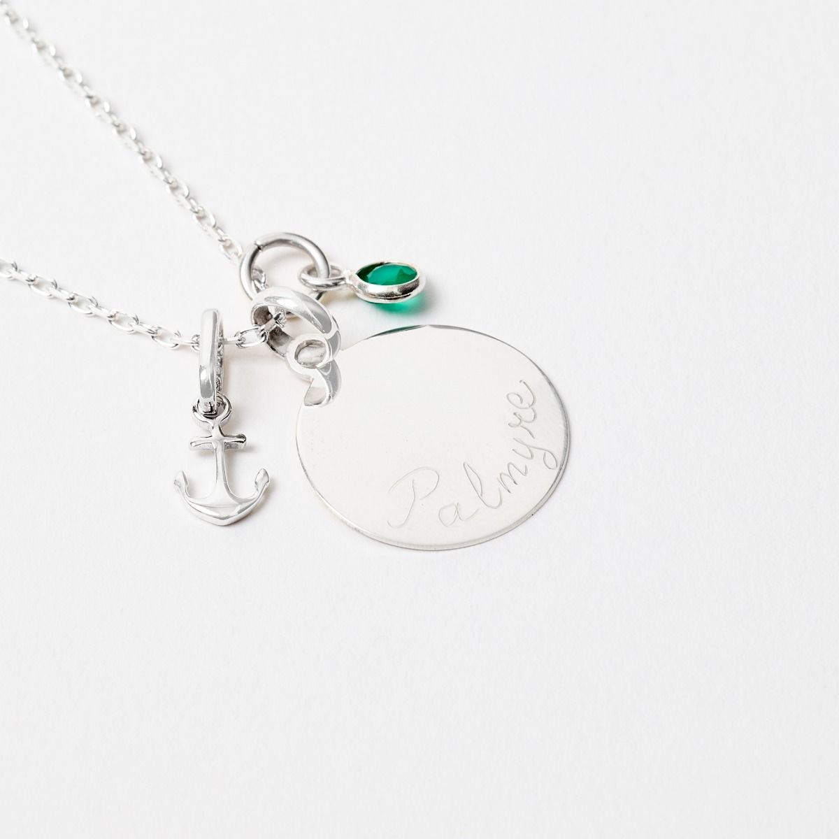 Collier mini ancre, pierre et petite médaille sur chaîne argent